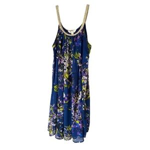 Charming Charlie Women Swing Shift Dress Sparkle Rope Straps Floral Blue Size S